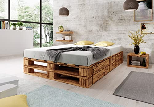 Lermowood Palettenbett M2 aus Holz 140 x 200 cm Geflammt mit Lattenrost und 2 Bettkästen Holzbett 30cm Stabiles Seniorenbett Kinderbett Jugendbett Gästebett erhöhtes Bettgestell Futonbett Komforthöhe