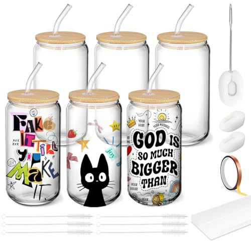 Cafultgo Sublimation Mugs 16OZ Tumbler avec paille et couvercle 6 Pack Tumbler Cup Glass Transparent Mason Jar Tumbler Cups Mugs avec paille en verre pour la bière, le café glacé, le jus, le soda