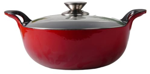 Enameled Cast Iron Balti Dish Pot (Red) with Glass Lid, 3 Quart Medium Casserole Dish, Nonstick Handi Kadai Indian, Asian Wok, Dutch Oven