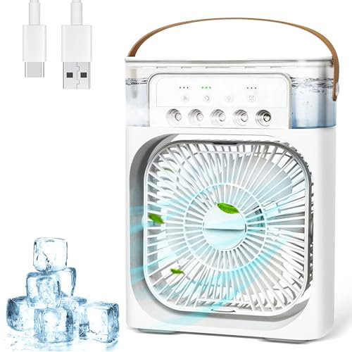 Anluomania Mobile Klimaanlage, Mini Luftkühler mit 600ml Wassetank, Ventilator USB 4 in 1, Mobile Klimagerät 3 Geschwindigkeiten, 3 Nebelmodi, Mini Klimaanlage mit 7 Farben Licht, 1-3H Timer