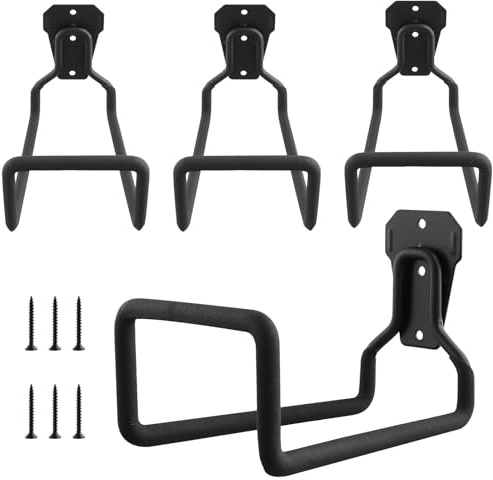 FUNSUEI 4 Pack Heavy Duty Wall Mounted Hose Reel Holder - Metal Garden Hose Hook with Screws, Black Hosepipe Hanger