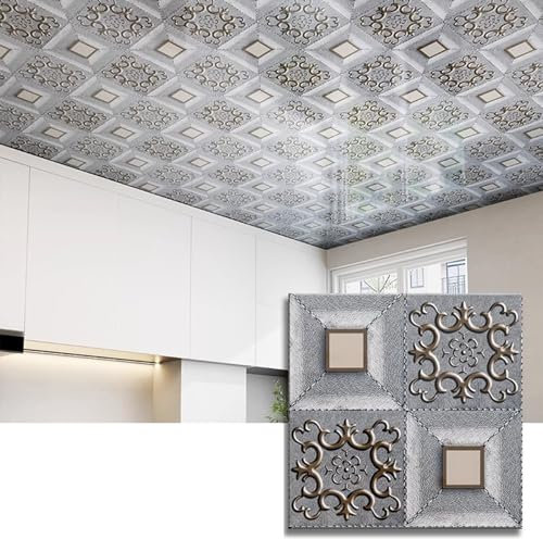 HWLL Panel Decorativo Pared y Techos Paneles de Techo Suspendido de Poliestireno con Relieve 3D, Adhesivo Retro Gris, Revestimiento Insonorizado para Renovación de Techos(70pcs)