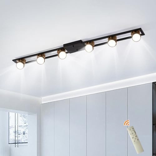 GEADI Modern Deckenlampe 123CM, 72W Dimmbar LED Deckenleuchte mit Fernbedienung, Einstellbar 6 Flammig Küchenlampe Schwarz, Lang Deckenstrahlerleuchte für Wohnzimmer, Schlafzimmer, Esstisch, Flur