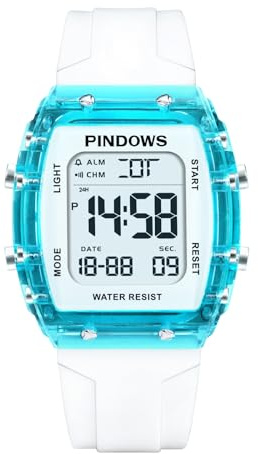 PINDOWS Digitale Sportuhr für Damen, transparentes Gehäuse, helles LED-Licht, 5 ATM wasserdicht, Stoppuhr-Alarm, Dualzeit, stilvolle Uhr für aktive Damen und Teenager