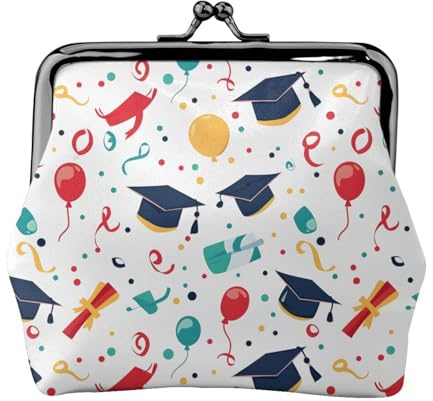 Graduation Cap Balloon Print Coin Purse for Women, Kiss-lock Change Purse Wallets, Small PU Leather Coin Purses