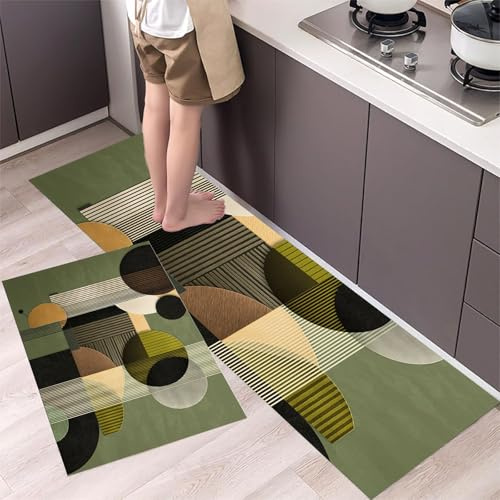 MLSOWM Set di Tappetini da Cucina Antiscivolo in 2 Pezzi, Tappetini e Tappeti Anello A Strisce Lavabili per Corridoio, Sala da Pranzo e Ingresso, 50x80cm+50x150cm Verde