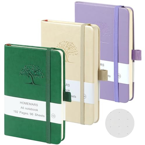 HOMEMARS libretas A6, Morado, Beige, Verde,juego de cuadernos de 3 piezas, Cuaderno Punteado Bullet Journal, cuaderno pequeño, bloc de notas de 14,4 cm x 9,6 cm, diario de viaje, cuaderno de cuero