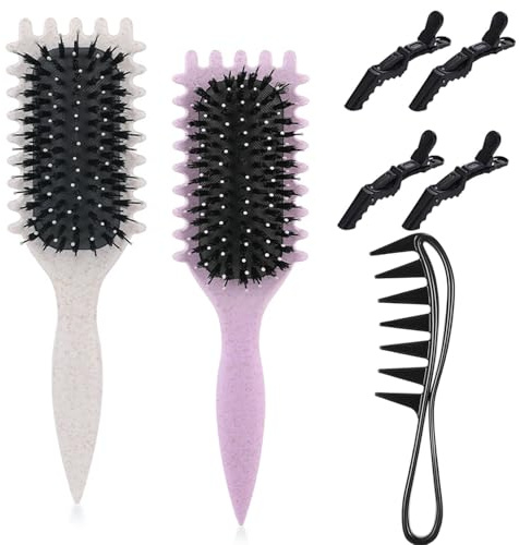 SIXHAOBU 2 Bounce Curl Brush, Kit brosse à Boucles, Brosse Cheveux Bouclés, Peigne à Dents de Requin, 4 Pinces à Cheveux, Brosse Demelante Cheveux pour Fixer et Modeler les Boucles