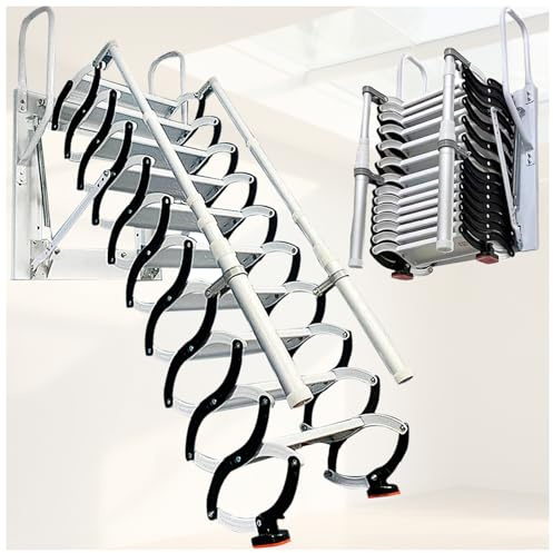 Escalier Pliant Mural, escalier de Grenier métallique antidérapant et télescopique, avec système de Descente à Main Courante adapté pour Les Maisons Les entrepôts (Noir et Blanc, 12 marches)