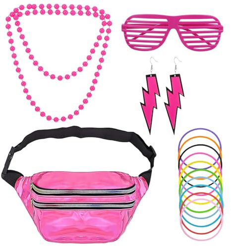 90-tals outfit dam, 90-tals kostym kläder accessoarer, 90-tals retro outfit med midjeväska, armband, glasögon och örhängen, halsband för karneval neonfest