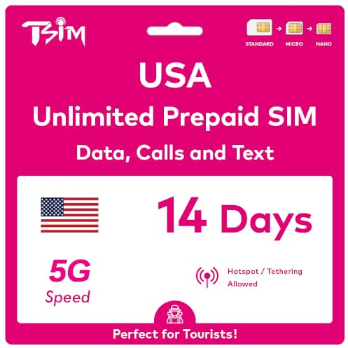 USA SIM Card for Travel to the USA. 14 Days PrePaid. T-Mobile network with Unlimited Data, Calls and Texts (Hawaii Included). New Upgraded 5G SIM Card!