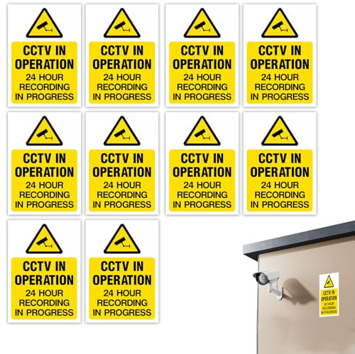 10 Pcs CCTV Sign, 24 Hour CCTV Sign Pack Visible in Operation Sticker, Essential Self Adhesive Security Signage for Outdoor Use, 100mm x 150mm Durable Weatherproof for Homes Businesses Public Areas