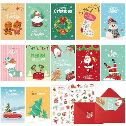 LAXISCREED Set di 12 Biglietti di Natale con Buste e 58 Adesivi – Biglietti Pieghevoli 10×15 cm con Design Festivi e Carini, Ideali per Famiglia, Amici e Regali