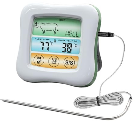 SMASOLO Termometro Alimenti Digitale con Touchscreen Colori Timer Integrato Sensore in Acciaio per Cucina e Barbecue Misurazione Temperatura Precisa per Carne e Forno