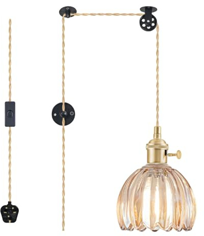 Plug in Pendant Light Fixtures, Hanging Pendant Lights Vintage Glass Pendant Lighting, Mini Amber Tulip Light Pendant, Pendant Lights for Kitchen, Bedroom, Dining Room, Light Bulb Not Included