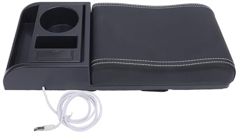 Qqmora Extension Universelle de Couverture D'accoudoir de Console Centrale de Voiture, Longueur Réglable avec Deux Ports de Chargement USB, Sac de Rangement pour Porte-gobelet, Protection (Ligne