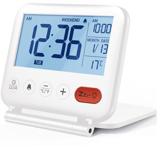Digitaler Mini‑Reisewecker, faltbar, Beleuchtung, Temperatur‑&Datumsanzeige | Faltbarer Wecker mit Schminkspiegel, Snooze, 12/24‑Stunden‑Format, batteriebetrieben, portabel für Kinderzimmer und Reisen