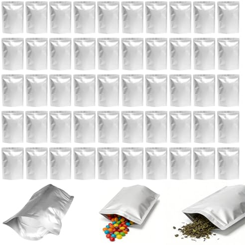 50 stycken matt aluminiumfolie Mylar-påsar, silver Mylar-väskor, återförslutningsbara blixtlåspåsar, varmförsegling, luktsäker livsmedelspåse, luktsäker förpackningspåse (11 x 16 cm)