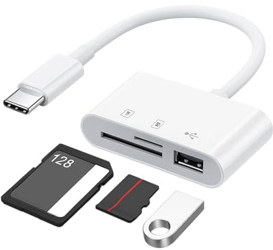 3 in 1 USB C SD Card Reader, Adapter with SD MicroSD USB 3 Slots, High-speed Transmission Type C Memory Card Reader, Compatible with Mac, iPad Pro/Air/Mini, MacBook Pro/Air, Galaxy, White