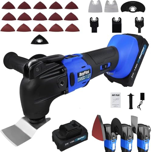 Oscillating Multi Tool, Cordless Multi Tool with Battery and Charger, 300W 20000 RPM Brushless 21V Electric Oscillating SawTool Kit 6 Variable Speeds, 4°Oscillation Angle, for Cutting, Sanding,Blue