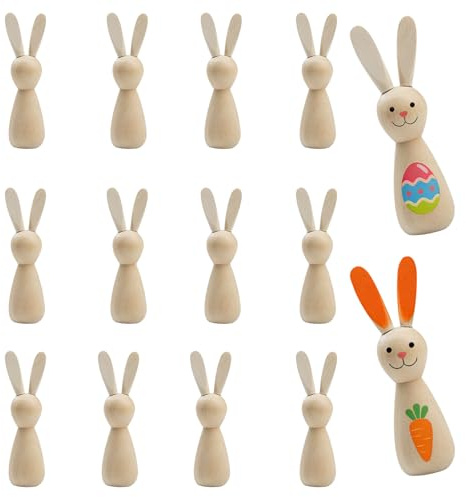 Osterhase Deko aus Holz, Holzfiguren zum Bemalen, Osterdeko Holz Hasen Figuren, Osterhasen Deko zum Hinstellen, Tischdeko Ostern Hase Aufsteller, Osterdekoration Frühlingsdeko (12 Stück)