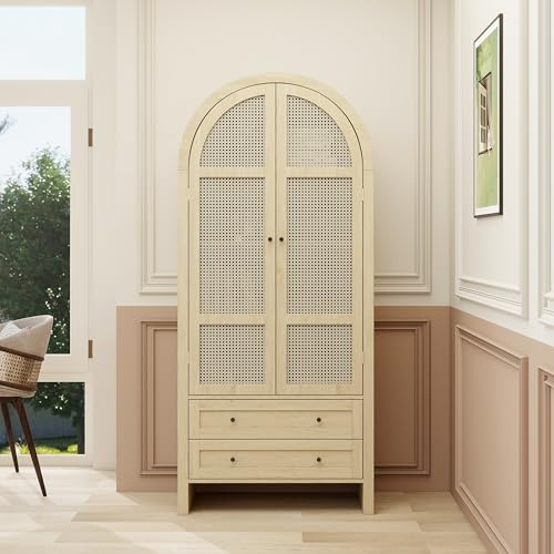Naturfarbener Hochschrank mit Rattantüren – Boho Aufbewahrungsschrank mit 2 Schubladen, Bogendesign, Küchenschrank mit verstellbaren Böden, Vorratsschrank für Wohnzimmer & Esszimmer, 79×39.5×178 cm