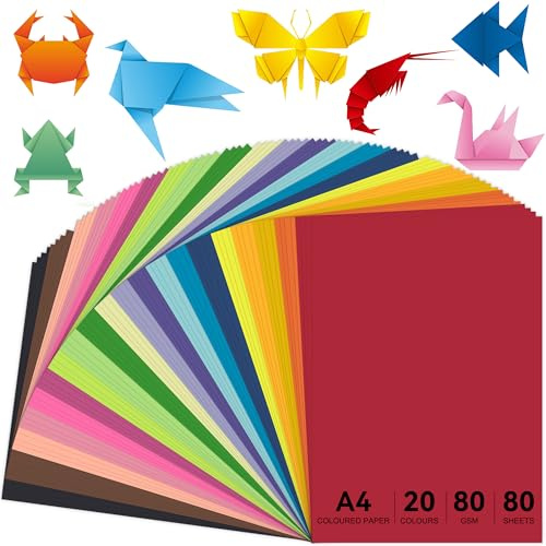 Liyerfer 80 Blatt Origami Papier, Buntes Papier A4 80 g/m², Doppelseitiges Farbig Faltpapier, Buntpapier für DIY, Kunstprojekte, Haus und Schule, 20 Farben