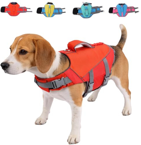 Schwimmweste Hund, Hundeschwimmweste Mit Rettungsgriff Und Reflektierend, Sicherheit Verstellbare Rettungsweste Für Mittlere Und Große Hunde Schäferhund, Dackel, Dogge Für Wassersport (Orangerot, M)