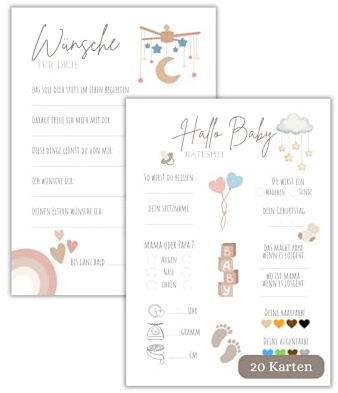 papello Babyparty Ratespiel Baby Tippkarten 20 Sück in A5 – Karten zum Ausfüllen, Deko und Gender Reveal für Mädchen und Jungen in weiß, made in Germany