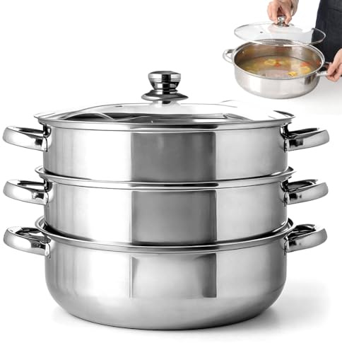 LOMUG Cuiseur vapeur, en acier inoxydable, avec 2 inserts vapeur et couvercle en verre, pour tous les types de feux, pour dim sum, riz, cuiseur vapeur (diamètre 28 cm, 3 niveaux)