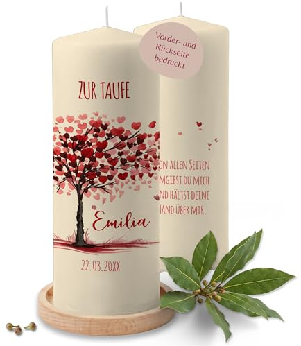 Taufkerze - Taufe - Lebensbaum mit Name und Wunschtext - Deko personalisiertes Taufgeschenk - 230/78 mm - Elfenbein
