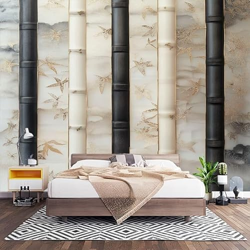 Papel Pintado Panorámico 200x140 cm PatróN de Bambú Jade Fotomurales Tejido No Tejido Decoración de Habitaciones y Salones Habitación Niño Beige Poster Murales Panorámica