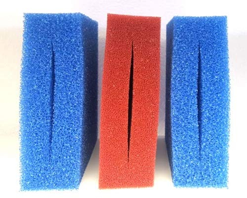 Pondlife 3X Filterschwamm Teichfilter geschlitzt kompatibel mit Oase BioTec 5, 25 x 25 x 8 cm, 2X Blau grob 1x Rot fein, Teichfilter Ersatzteile
