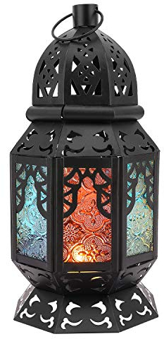 Lewondr Porta candela Marocchina in Ferro con Schermata in Vetro Multicolori, Dim 12,6 x 12,5 x 26 cm, Illuminazione Giardino, Lampada Parete Ramadan per Giardino, Balcone - Nero