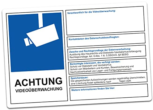 Finest Folia Achtung Videoüberwachung Aufkleber 15x10cm DSGVO BDSG Hinweis | Datenschutz Info zum Selbstbeschriften für Fenster Türen Wände Eingangsbereiche als Warnung vor Kameras selbstklebend R068