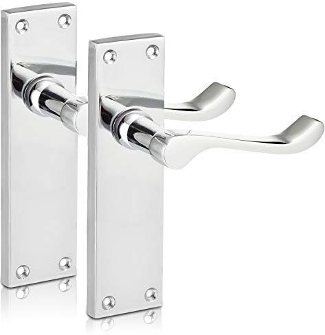 XFORT Chrome Elegance Range Polished Chrome 6 Victorian Scroll Lever Latch Handles, Polished Chrome Long Backplate Door Handles, Contemporary Design for Internal Wooden Doors (1 Pairs)