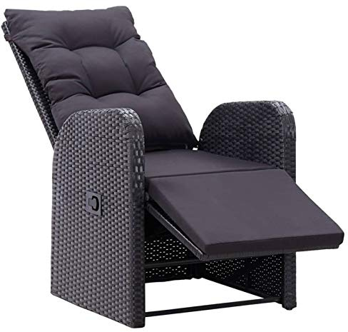 Tidyard Trädgårdsstol i polyrotting svart med kuddar, fällbar fåtölj i rotting, 57 x 73 x 105 cm