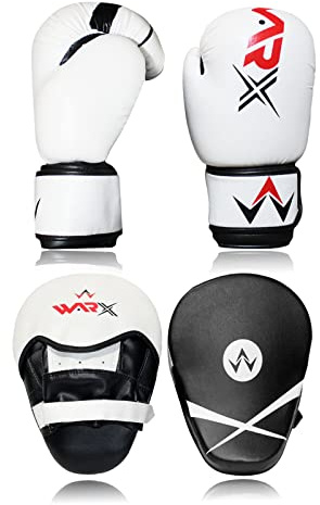 WARX Boxing Gloves and Pads set Focus Punch Mitts MMA Training Sparring Hook and Jab strike target with Punching Gloves (White, 10oz)