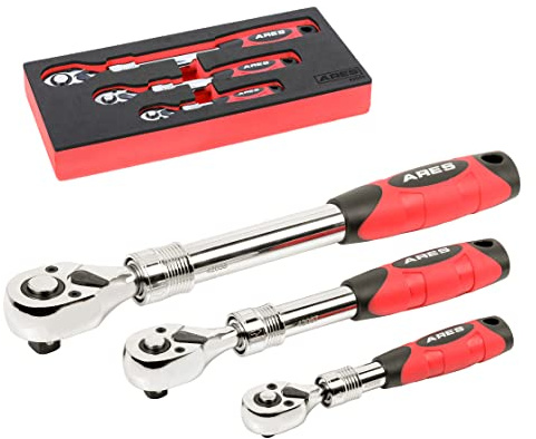ARES 42055 Ratschen-Set, ausziehbar, 72 Zähne, Chrom-Vanadium-Stahl, hochglanzpoliertes Chrom-Finish, Komfortgriff, Injektionsgriff, Schnellwechsel, 72 Zähne, wendbares Design