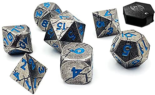 World of Dice Meteor-Serie - Pen and Paper Würfelset Metall, 7-teiliges Set, D4 bis D20, polyedrische Würfel, ideal für D&D, DSA, Cthulhu und mehr (mit Etui, Silberfarben-blau)