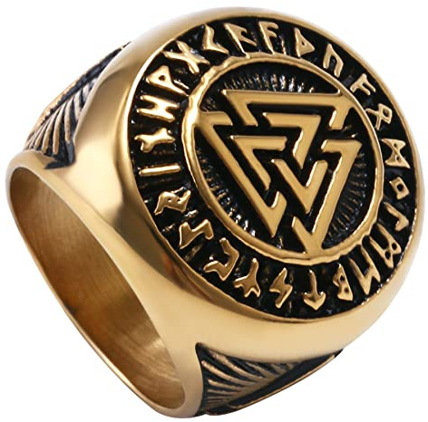 OIDEA Herrenring Vintage Stil Edelstahl keltischer Wikinger nordisches Dreieck-Symbol Gold Schwarz 54 (17.2) ~ 67 (21.3)