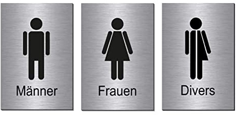 3er Set-Männlich-Weiblich-Divers-Toilette-Dritte Geschlecht-Toilettenschild-150 x 100 x 3 mm-Schild-Designschild-Aluminium-Edelstahloptik-Hinweisschild (1905-49-50-109 mit Klebepads)