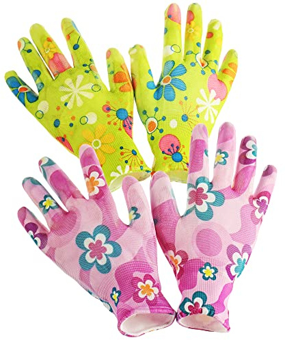 com-four® Juego de 2 guantes premium de jardín para mujer -Motivo floral de látex, revestimiento antideslizante, talla S (02 pares - morado/verde - talla S)
