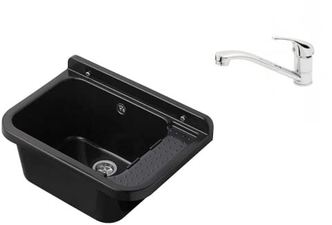 VBChome Ausgussbecken 59 x 34 x 21 cm Schwarz Spülbecken Waschtrog mit Überlauf Waschbecken für Gewerbe Waschraum Garten inkl. Ablaufgranitur