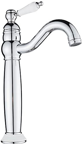 Tall Bathroom Basin Mixer Taps, High Rise Tap for Counter-top Basin, Brass | Victorian Ceramic Lever & Base, Retro Faucet for Counter-top Basin, Traditional Cloakroom Faucet, 360° Swivel, Chrome