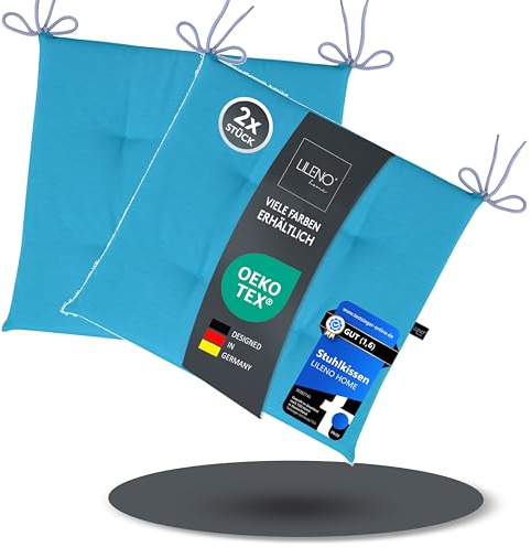 LILENO HOME 2er Set Stuhlkissen Aqua (40x40x4,5 cm) - Sitzkissen für | Gartenstuhl, Küche oder Esszimmerstuhl - UV-beständige indoor u. outdoor Stuhlauflage als Stuhl Kissen (Laura FUM)