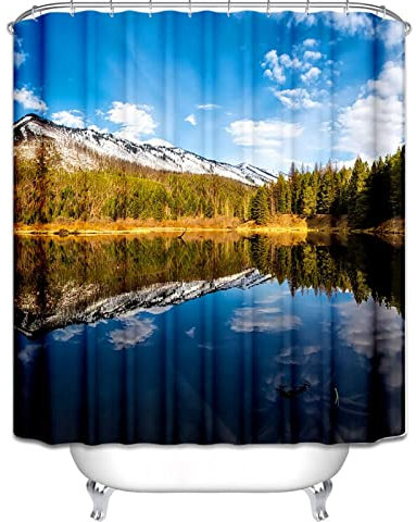 EHOMERY Duschvorhangringe Extra Groß Badewanne Vorhang Schneeberg Mit Seeblick Duschvorhang XL Vorhang Für Badezimmer Polyester Rostfreie Ösen Und 12 Hakenringe, 90X180Cm
