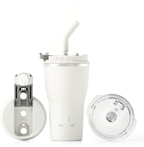 Ideus Isolierbecher 14oz (420ml), Doppelwandige Kaffeetasse Edelstahl Kaffeebecher Reisebecher mit auslaufsicherer Abdeckung und Stroh, geeignet für heiße und kalte Getränke (Weiß)