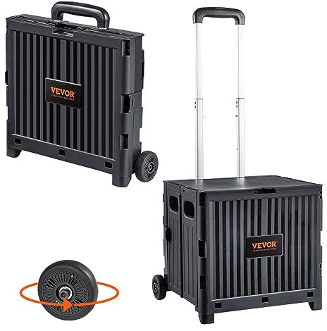 VEVOR Foldable Utility Cart, 80 lbs Load Capacity, Folding Portable Rolling Crate Handcart with Durable Heavy Duty Telescoping Handle and 2 Wheels for Travel Shopping Moving Luggage Office Use, Black