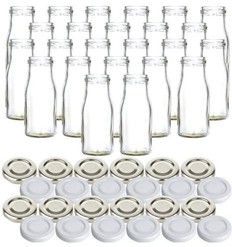 gouveo 24er Set Glasflaschen 150 ml (0,15 l) Glasflasche 150 ml rund Twist-Off Schraubdeckel TO 43 mm in Weiß & Silber, kleine leere Saftflasche zum Abfüllen, Aufbewahren & Transport (SF150SW)
